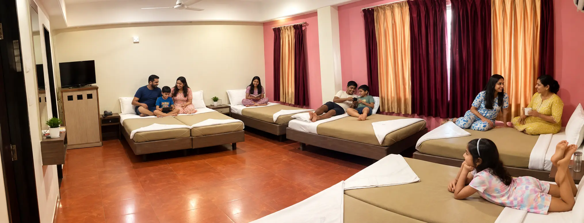 Large family room with seven beds at Hotel Viva Baga in Goa